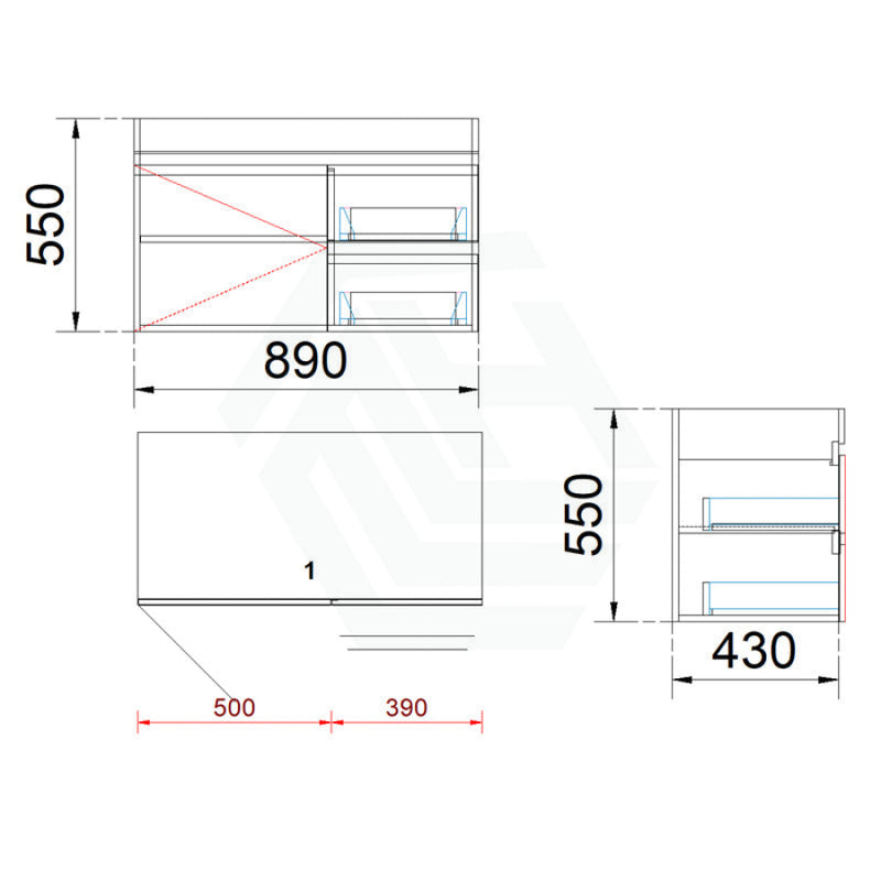 2-Drawer 1-Door Wall Hung Bathroom Floating Vanity Single Bowl Multi-Colour Cabinet Only 900Mm /