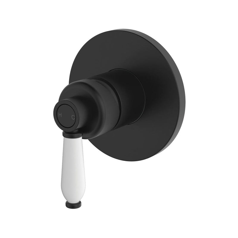 Fienza Eleanor Wall Mixer Matt Black/Ceramic Handle White Ceramic Black Mixers