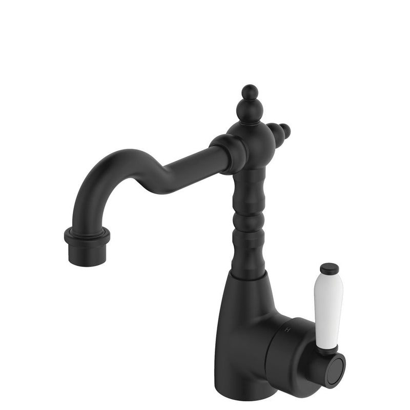 Fienza Eleanor Shepherds Crook Basin Mixer Matt Black / None White Ceramic Short Mixers