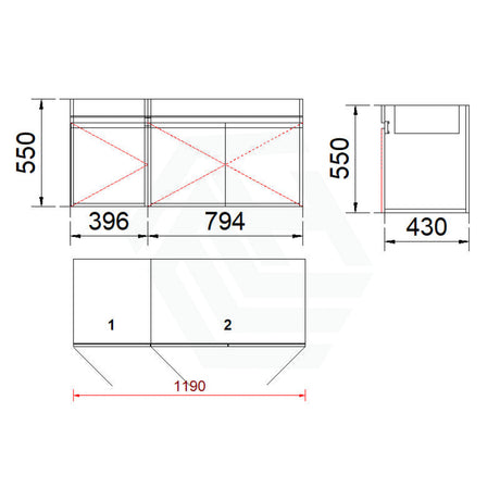 3-Door Wall Hung Bathroom Floating Vanity Multi-Colour Cabinet Only 1200Mm(Single/Double Bowl) /