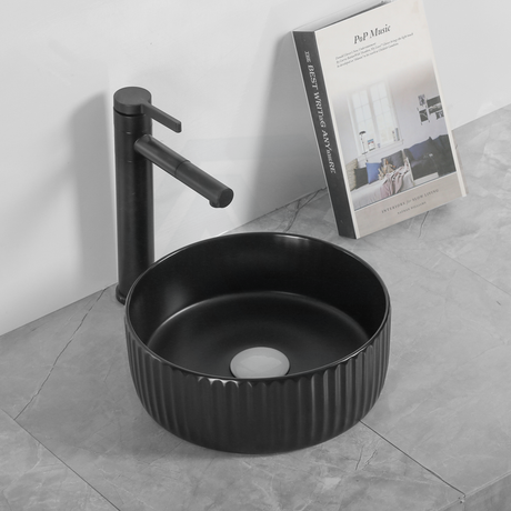 300X300X110Mm Round Above Counter Ceramic Basin Matt Black Basins