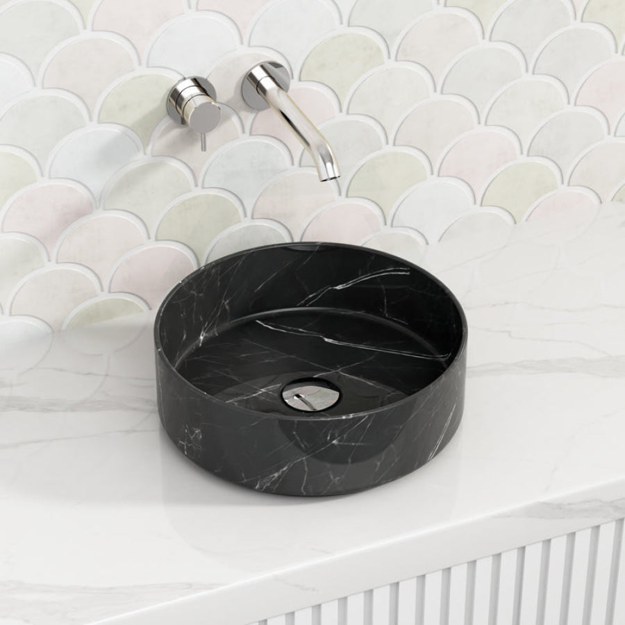 355X355X120Mm Bathroom Wash Basin Round Above Counter Matt Black Marble Surface Ceramic Basins