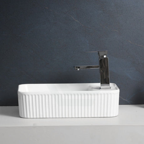 360X195X120Mm Fluted Rectangle Gloss White Above Counter Basin Ceramic With Tap Hole Basins