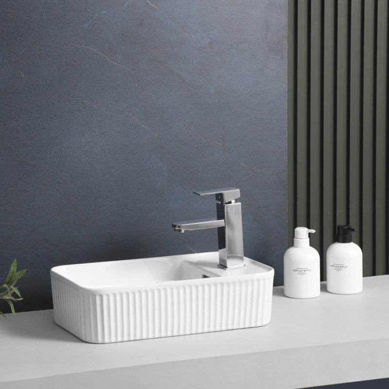 360X195X120Mm Fluted Rectangle Gloss White Above Counter Basin Ceramic With Tap Hole Basins