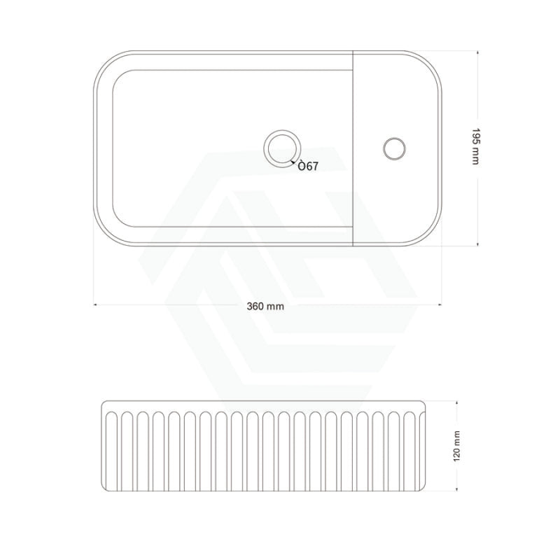 360X195X120Mm Fluted Rectangle Gloss White Above Counter Basin Ceramic With Tap Hole Basins