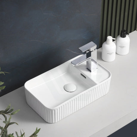 360X195X120Mm Fluted Rectangle Gloss White Above Counter Basin Ceramic With Tap Hole Basins