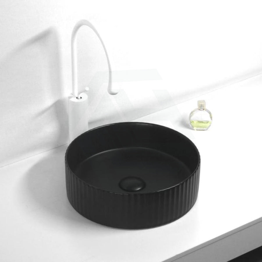 360X360X115Mm Round Bellevue Fluted Above Counter Ceramic Basin Matt Black Basins