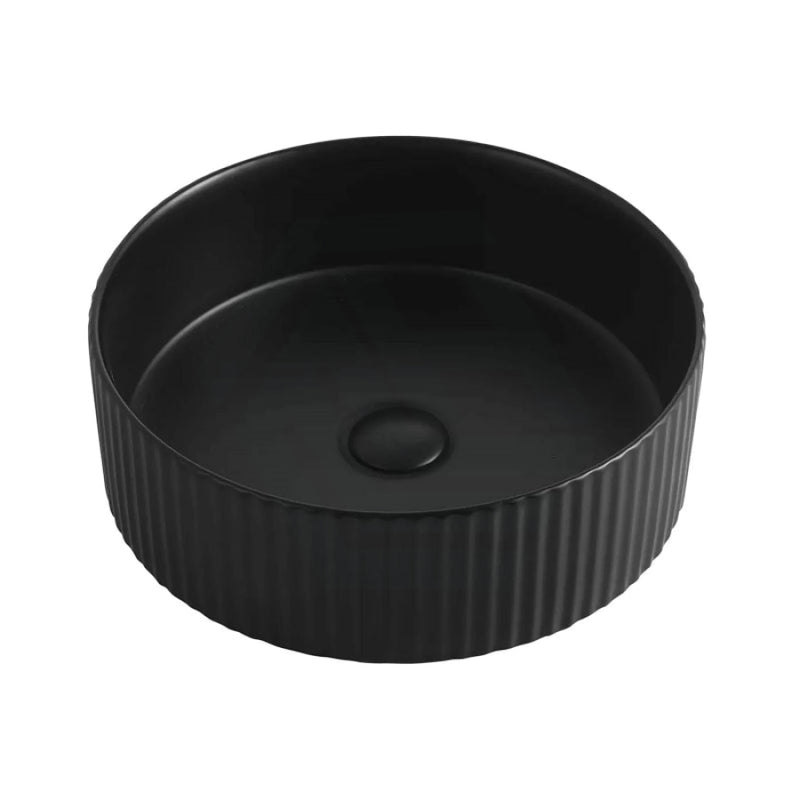 360X360X115Mm Round Bellevue Fluted Above Counter Ceramic Basin Matt Black Basins