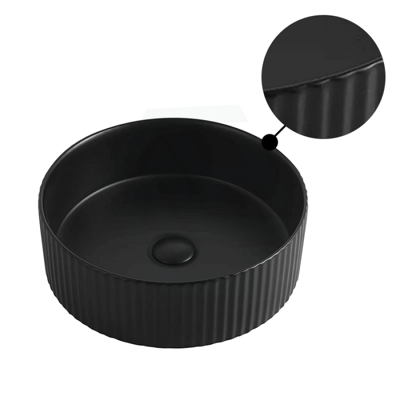 360X360X115Mm Round Bellevue Fluted Above Counter Ceramic Basin Matt Black Basins