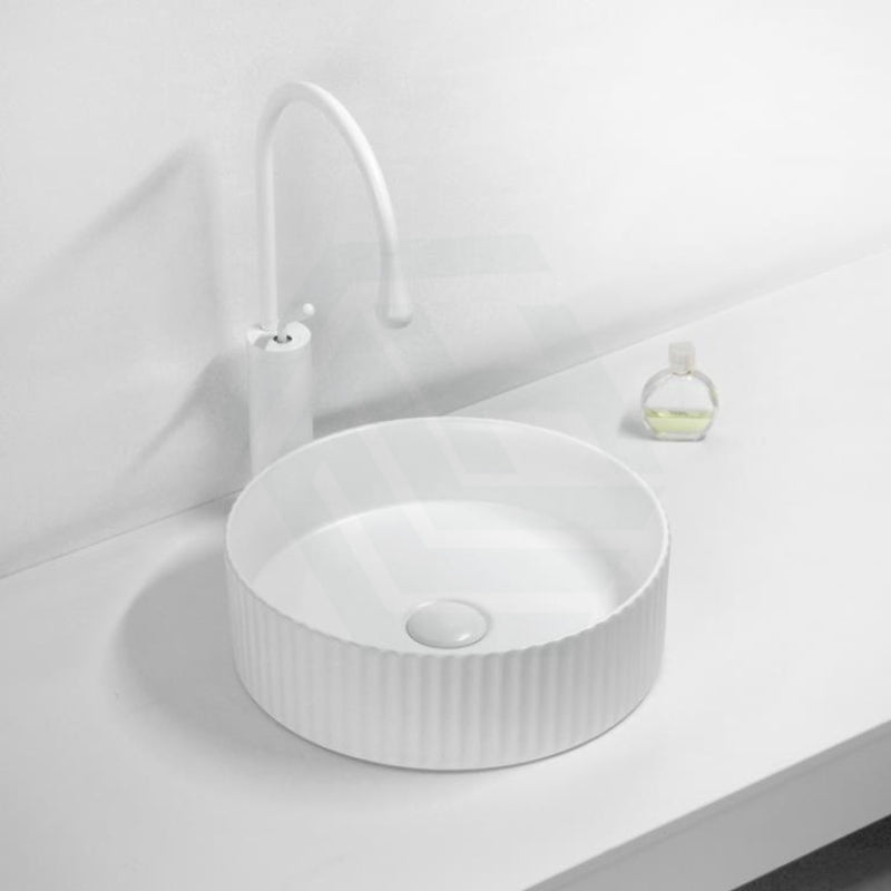 360X360X115Mm Round Bellevue Fluted Above Counter Ceramic Basin Matt White Basins