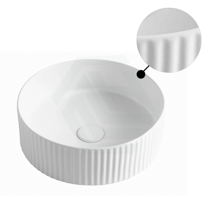 360X360X115Mm Round Bellevue Fluted Above Counter Ceramic Basin Matt White Basins