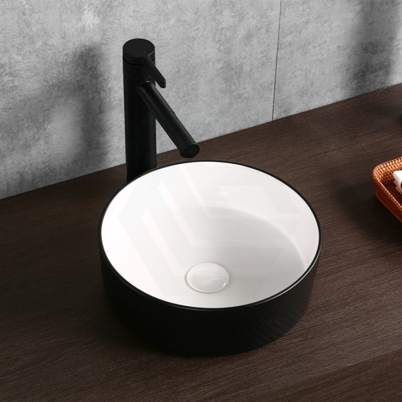 360Mm Above Counter Ceramic Basin Gloss White Matt Black Bathroom Round Wash Diagonal Pattern