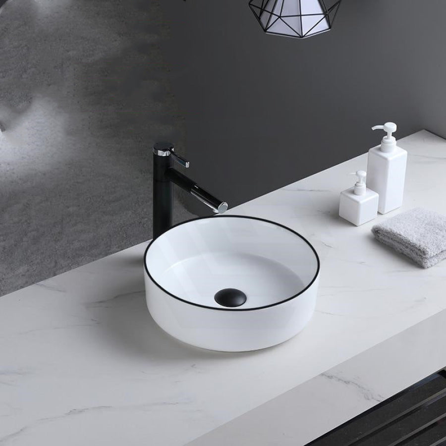 360Mm Above Counter Ceramic Basin Gloss White With Black Rim Round For Bathroom