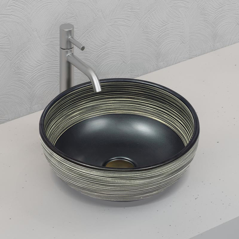 Round Basin Above Counter Stripe Porcelain Matt Black