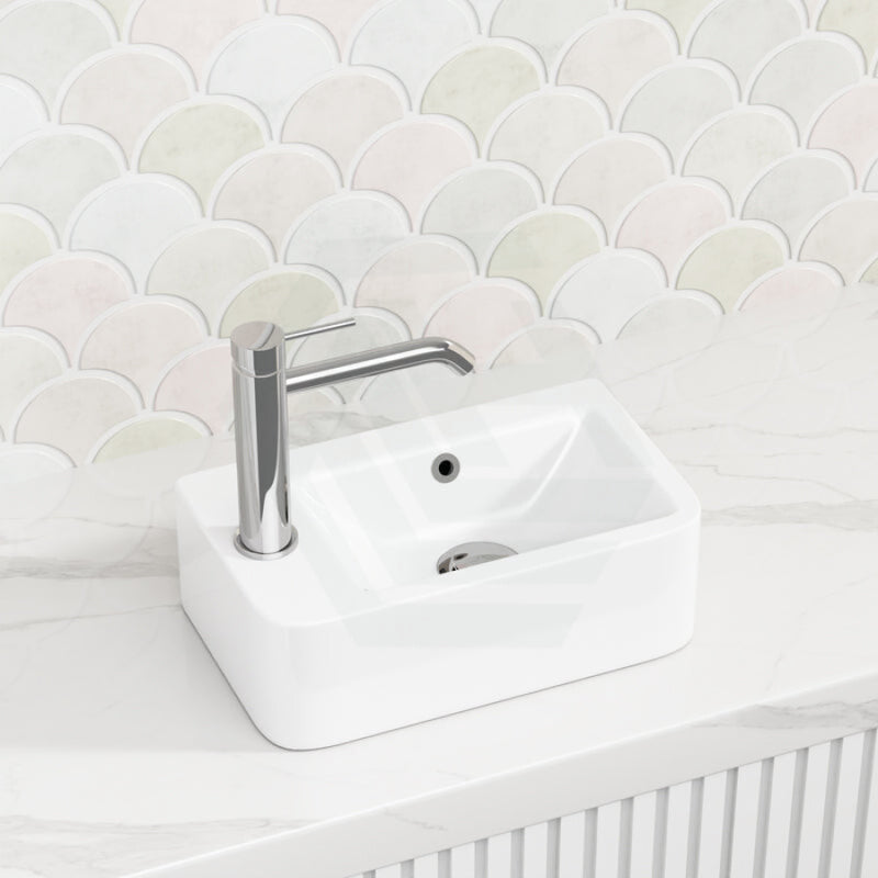 375X255X125Mm Mini Rectangle Gloss White Wall Hung Ceramic Basin Left Or Right Tap Hole Available