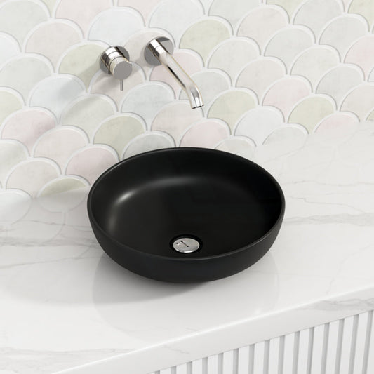 378X378X110Mm Bathroom Wash Basin Round Above Counter Matt Black Ceramic Basins