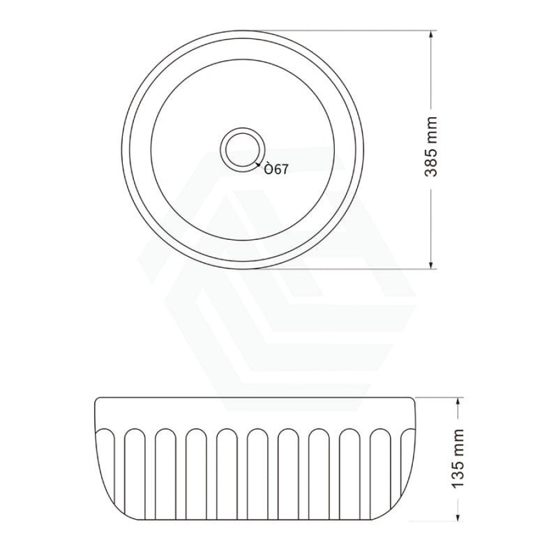 385X385X135Mm Round Gloss White Fluted Above Counter Basin Ceramic Basins