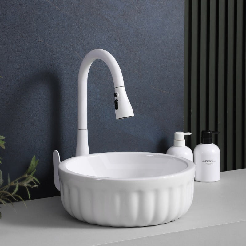 385X385X135Mm Round Matt White Fluted Above Counter Basin Ceramic Basins