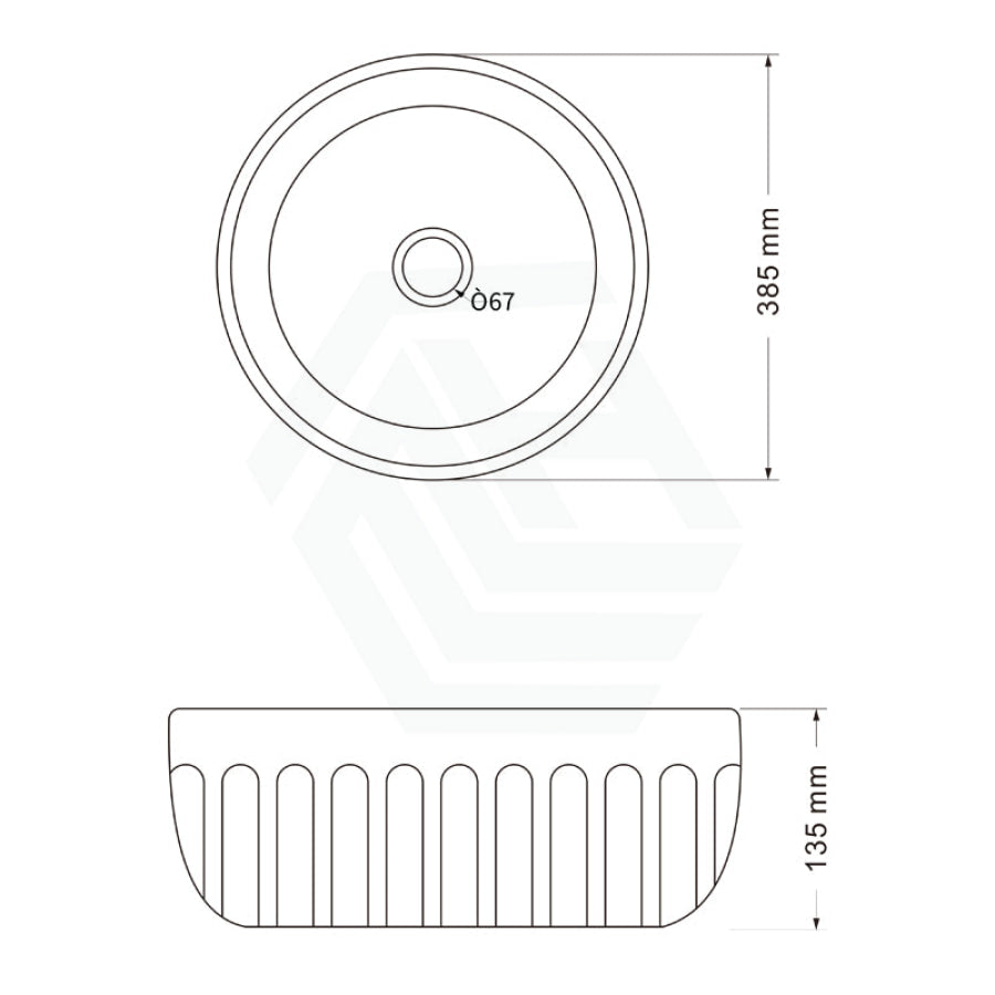 385X385X135Mm Round Matt White Fluted Above Counter Basin Ceramic Basins