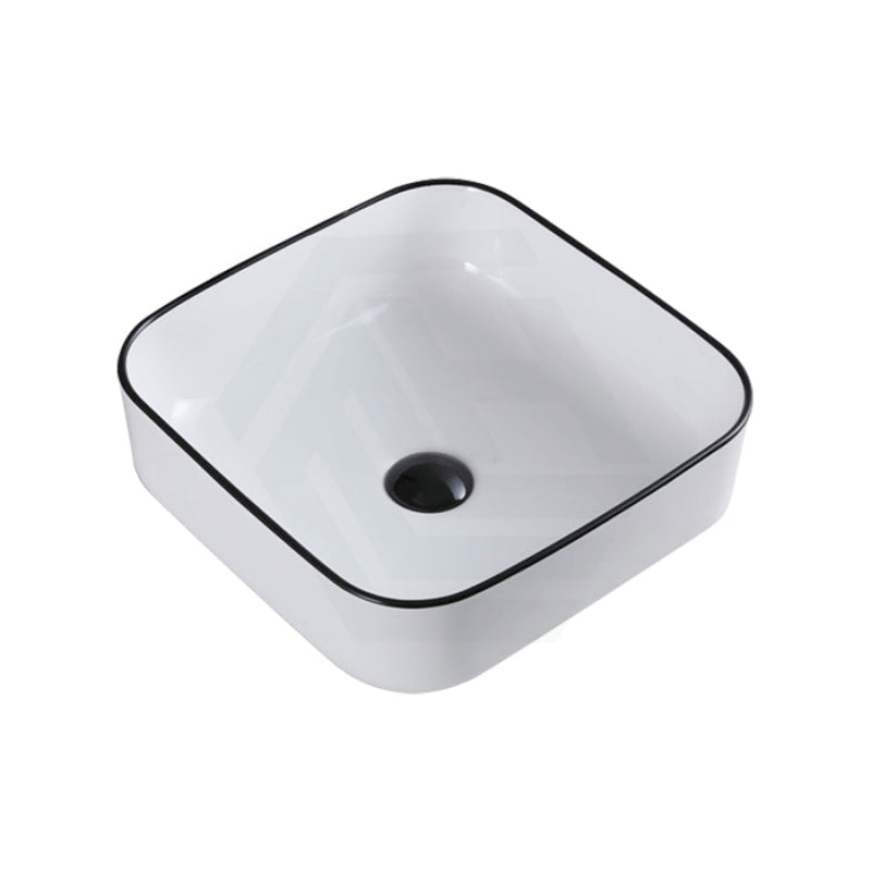 390X390X140Mm Square Above Counter Ceramic Wash Basin Gloss White With Black Rim