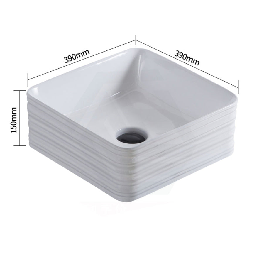 390X390X150Mm Square Gloss White Above Counter Ceramic Wash Basin Textured Outside