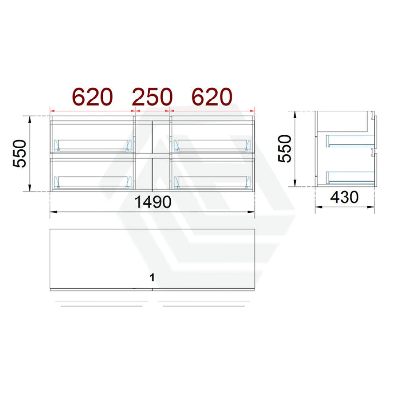 4-Drawer Wall Hung Bathroom Floating Vanity Multi-Colour Cabinet Only 1500Mm(Single Bowl) Vanities