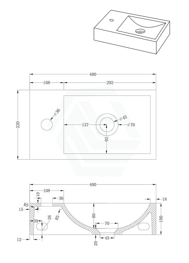 400X220X100Mm Rectangle Above Counter Concrete Basin Black Sandstone Pop Up Waste Included Left Or