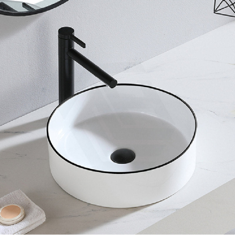 Ceramic Basin Above Counter Round Gloss White With Black Rim