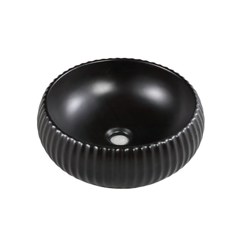 400X400X140Mm Round Bellevue Fluted Above Counter Basin Ceramic Matt Black Basins