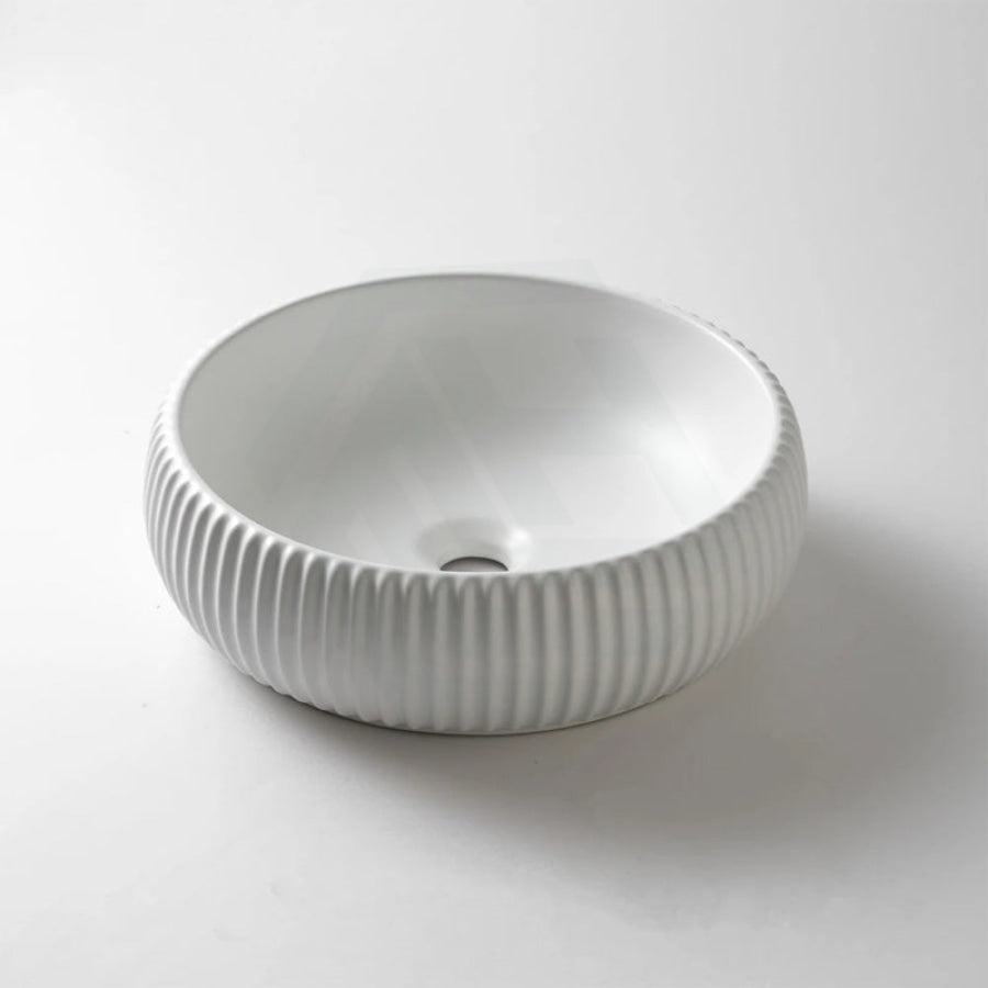 400X400X140Mm Round Bellevue Fluted Above Counter Basin Ceramic Matt White Basins