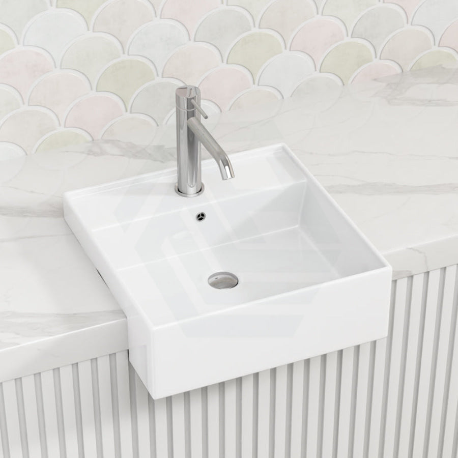 410X410X140Mm Square Gloss White Semi Recessed Ceramic Basin One Tap Hole Semi-Recessed Basins