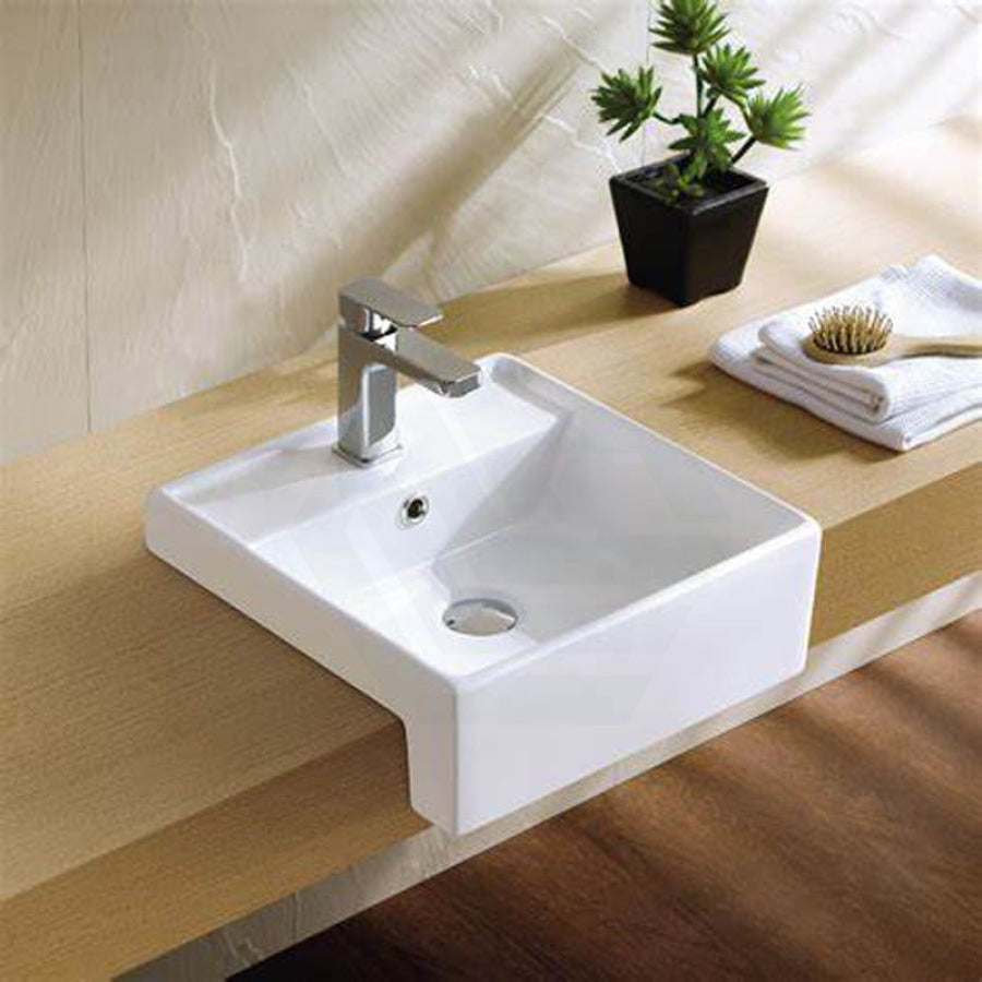 410X410X140Mm Square Gloss White Semi Recessed Ceramic Basin One Tap Hole