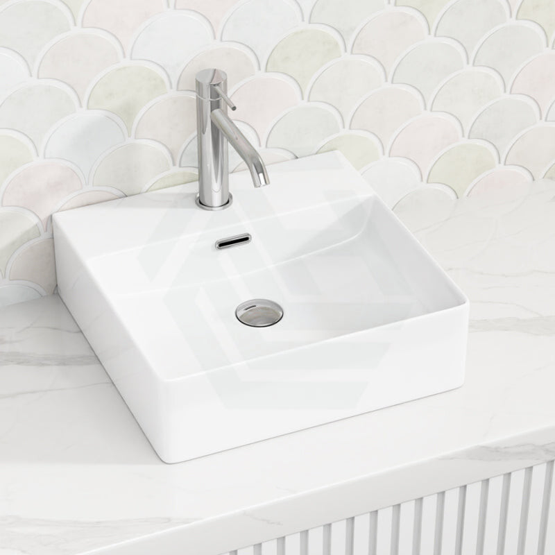 410X420X130Mm Above Counter / Wall Hung Rectangle Gloss White Ceramic Basin One Tap Hole Basins