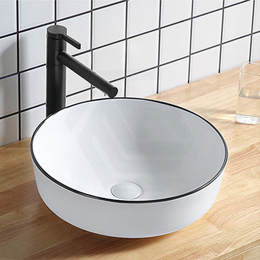 Above Counter Basin Ceramic Round Gloss White Black Rim