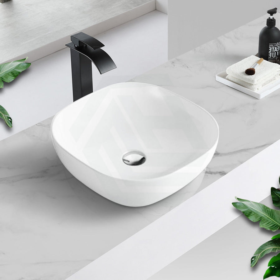 424X424X145Mm Round-Edged Square Gloss White Ceramic Above Counter Basin Ultra Slim