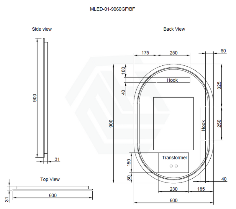 600/900/1200Mm Oval Black Framed Led Mirror Touch Sensor Horizontal/Vertical Installation Mirrors