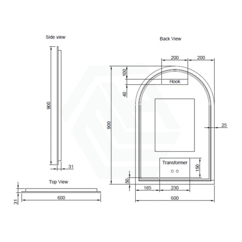 450/600Mm Brushed Nickel Framed Arch Led Mirror Touch Sensor Mirrors