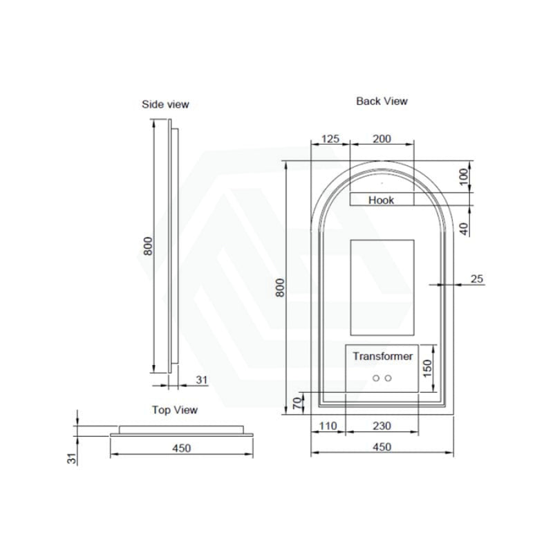 450/600Mm Brushed Nickel Framed Arch Led Mirror Touch Sensor Mirrors