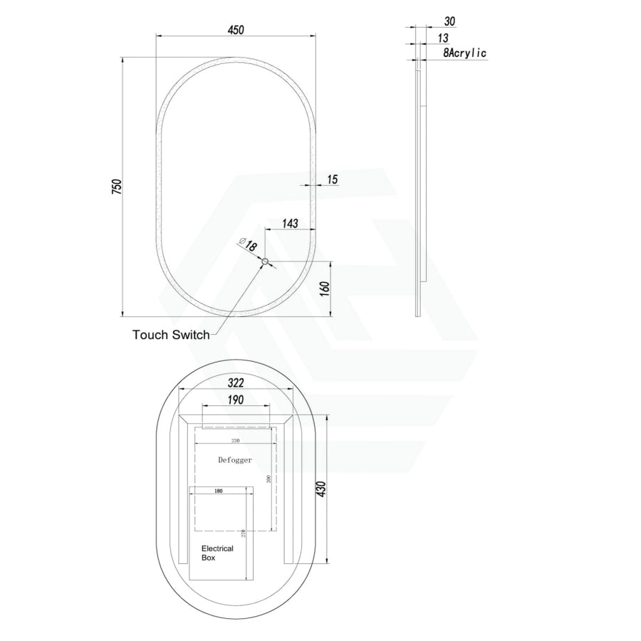 450/600Mm Led Mirror Oval Acrylic Touch Sensor 450X750Mm