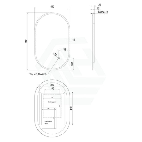 450/600Mm Led Mirror Oval Acrylic Touch Sensor 450X750Mm