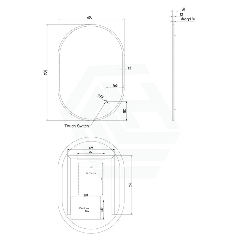 450/600Mm Led Mirror Oval Acrylic Touch Sensor 600X900Mm