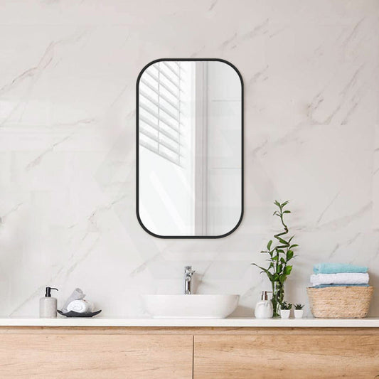 450/600Mm Matt Black Aluminum Framed Rounded Rectangle Bathroom Wall Mirror Vertical Or Horizontal