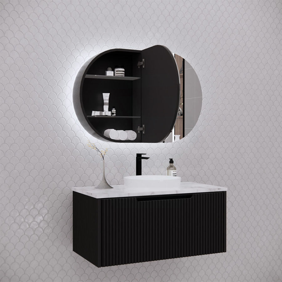 450/870/1200Mm Oval Led Backlit Pencil Edge Mirror Cabinet Matt Black Shaving Cabinets