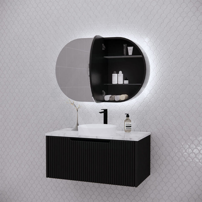 450/870/1200Mm Oval Led Backlit Pencil Edge Mirror Cabinet Matt Black Shaving Cabinets