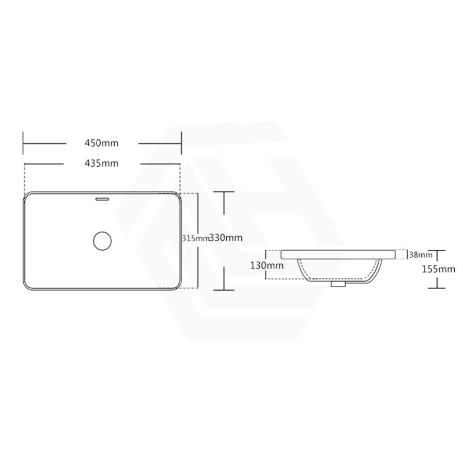 450X330X150Mm Rectangle Gloss White Ceramic Inset Basin With Overflow Hole Basins