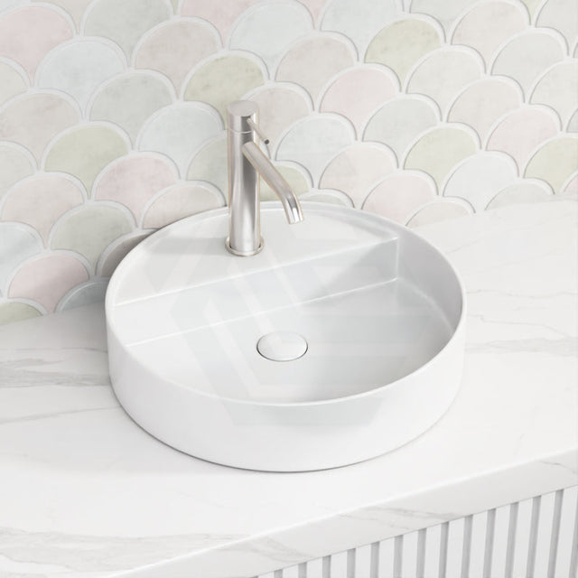 450X450X105Mm Above Counter Basin Gloss White Bathroom Round Ceramic Wash With Tap Hole Basins