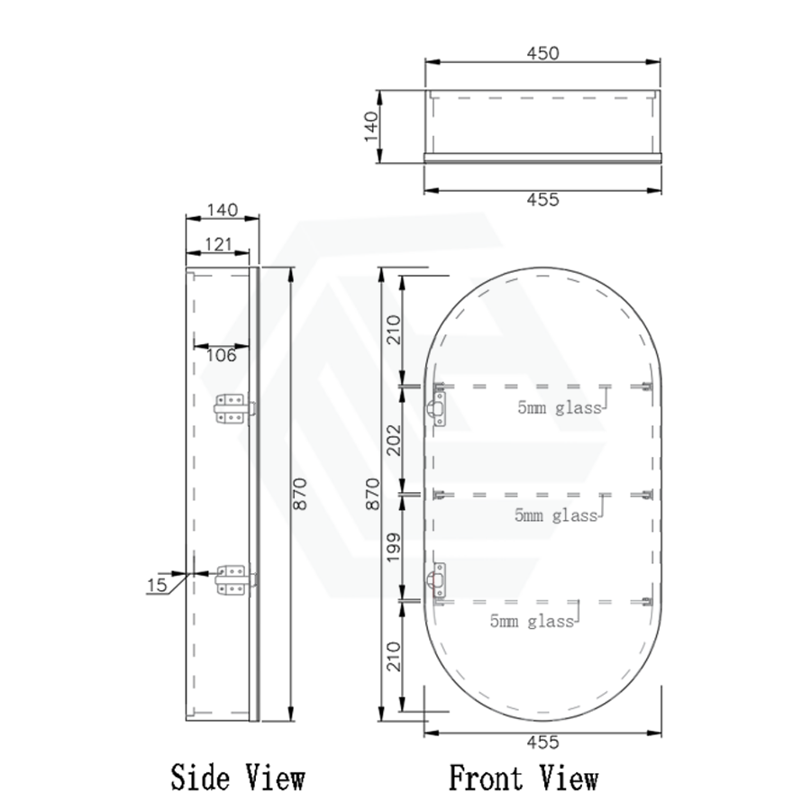 450X870X140Mm Oval Pencil Edge Mirror Wall Hung Shaving Cabinet Matt White Cabinets