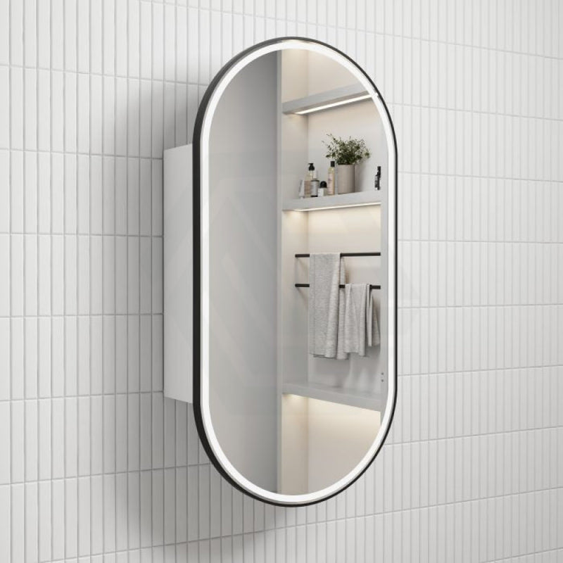 450X900Mm Beau Monde Led Mirror Oval Shaving Cabinet Matt White Finish Black Framed Touchless