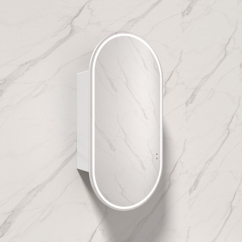 450X900Mm Beau Monde Led Mirror Oval Shaving Cabinet Matt White Finish Frameless Touchless Sensor