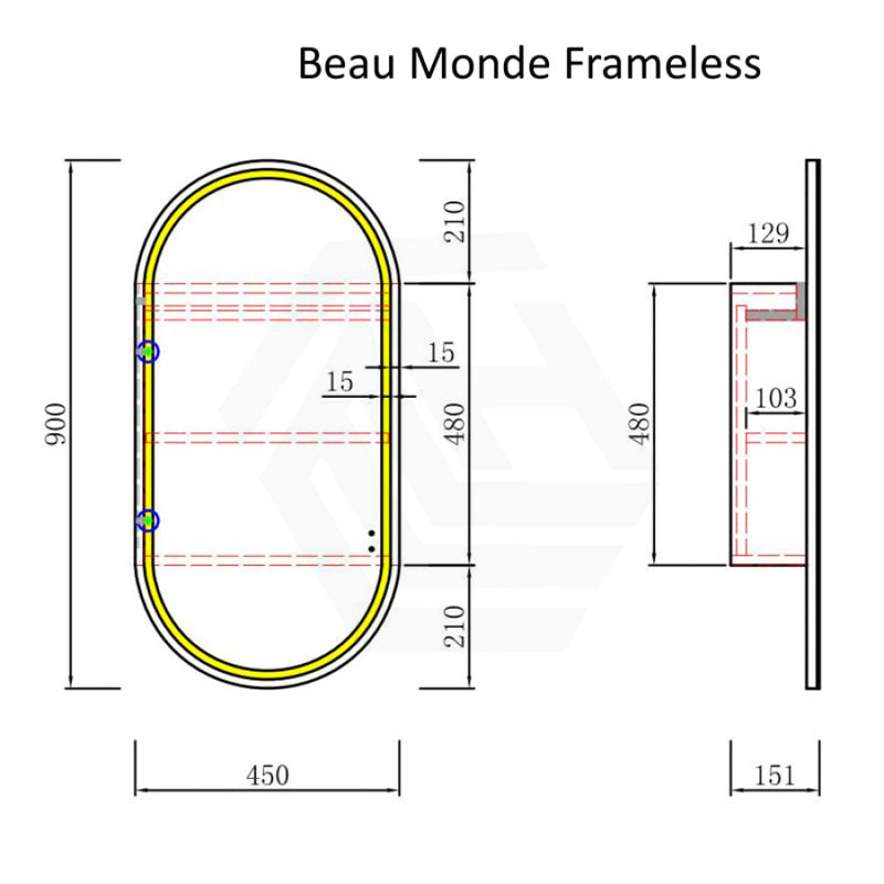 450X900Mm Beau Monde Led Mirror Oval Shaving Cabinet Mia Finish Frameless Touchless Sensor Frontlit